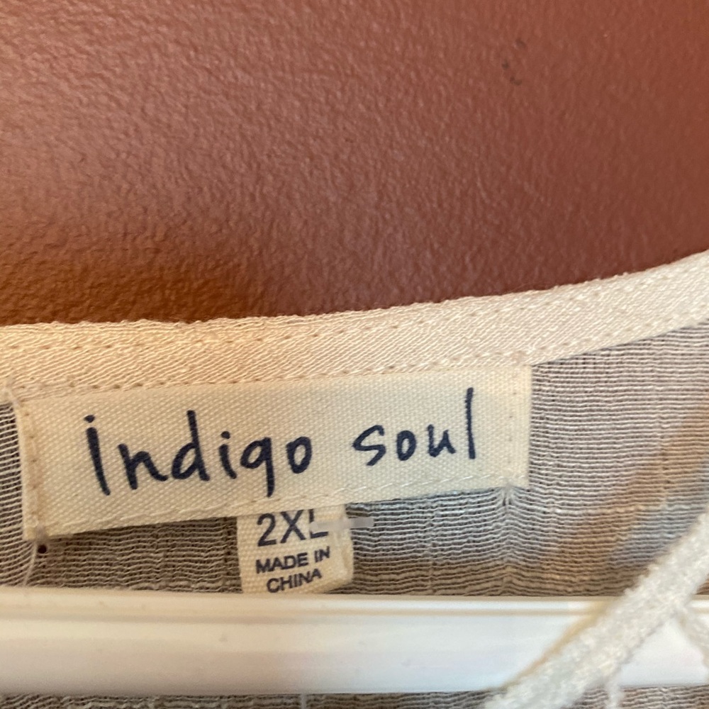 Indigo Soul Cream sheer blouse with lace. 2XL